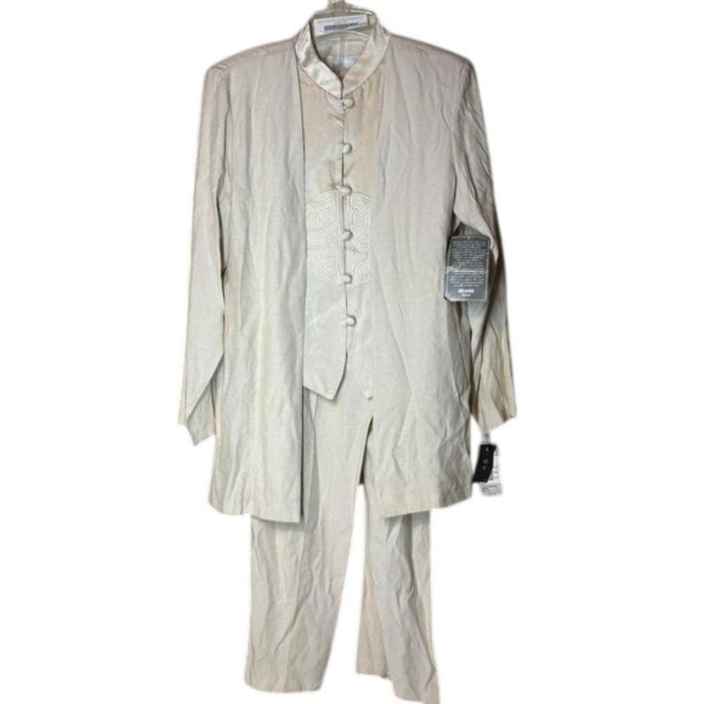VTG Deadstock DJ Summers‎ Womens 2 Piece Pant Suit Beige Mandarin Embroidered 12
